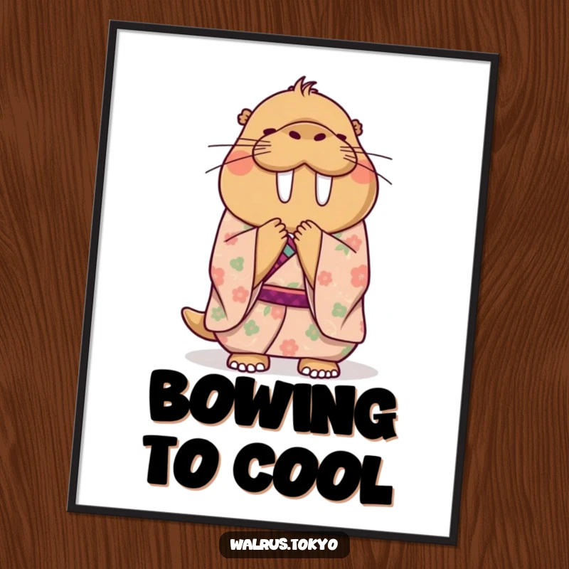 Funny poster art of a happy walrus in a floral kimono, executing a polite and graceful bow, adding whimsical humor to wall decor.