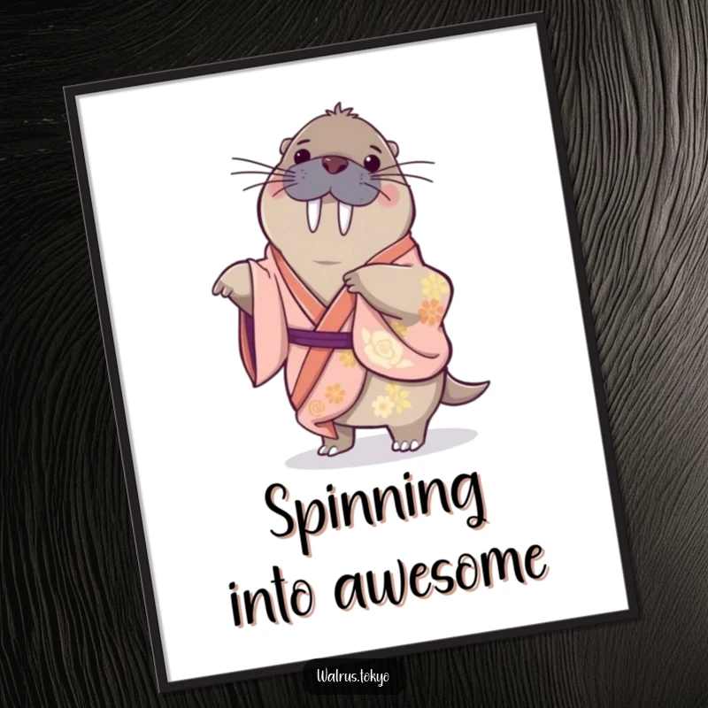 Funny poster art of a playful walrus in a silk kimono, performing a gentle spin, adding dynamic humor and elegance to wall decor.