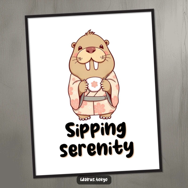 Funny poster art of a delighted walrus in a patterned kimono, holding a delicate teacup, adding refined humor and charm to wall decor.