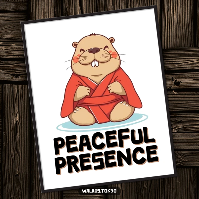 Funny red kimono walrus poster, depicting a serene walrus meditating, bringing peaceful humor and artistic calm to walls.