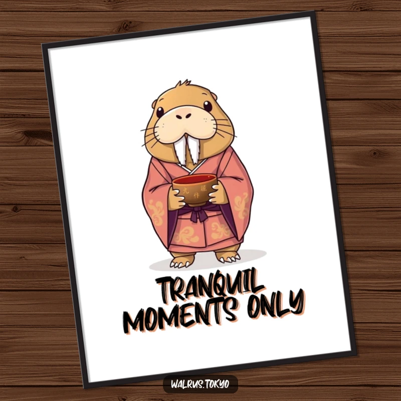 Funny poster displaying a dignified walrus in a formal kimono, gracefully holding a lacquered tea bowl, adding elegant humor to any room.