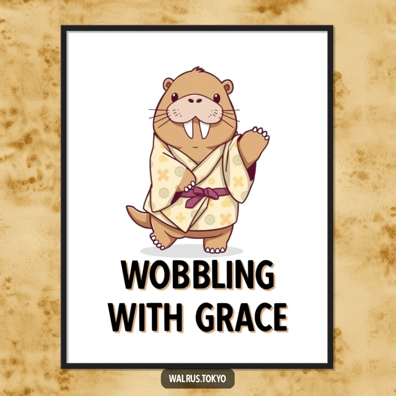 Funny playful walrus poster in a patterned kimono, attempting a delicate dance step with whimsical charm and humorous intent.