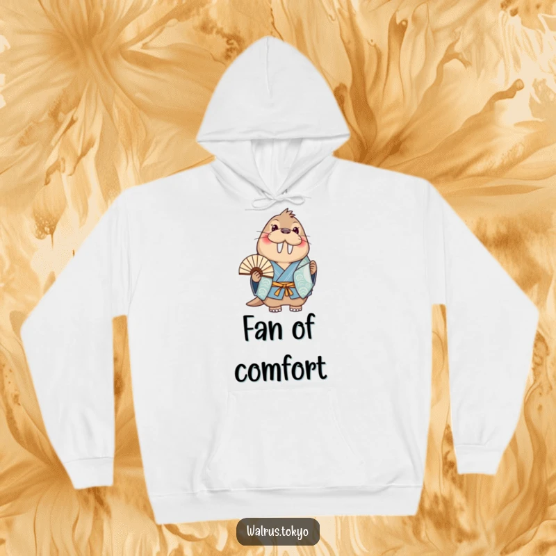 Funny blue kimono walrus hoodie, showing a happy walrus holding a fan, providing cozy warmth and humorous delight.