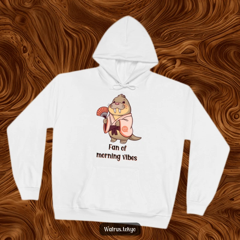Funny cheerful walrus hoodie wearing a flowing kimono, gently swaying a fan, offering comfort and a touch of whimsical joy.