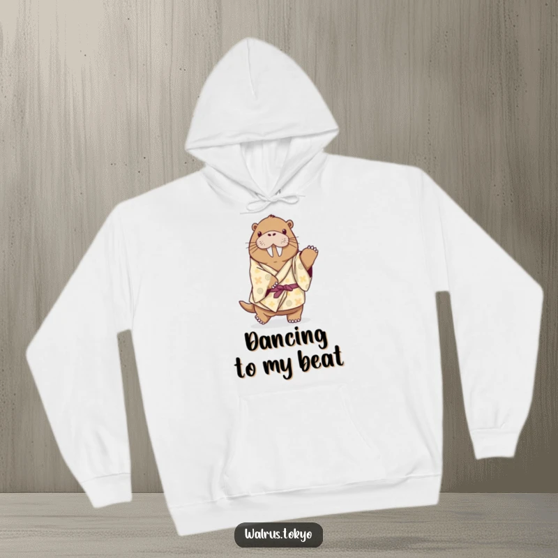 Funny playful walrus hoodie in a patterned kimono, attempting a dance step with endearing clumsiness and humorous enthusiasm.