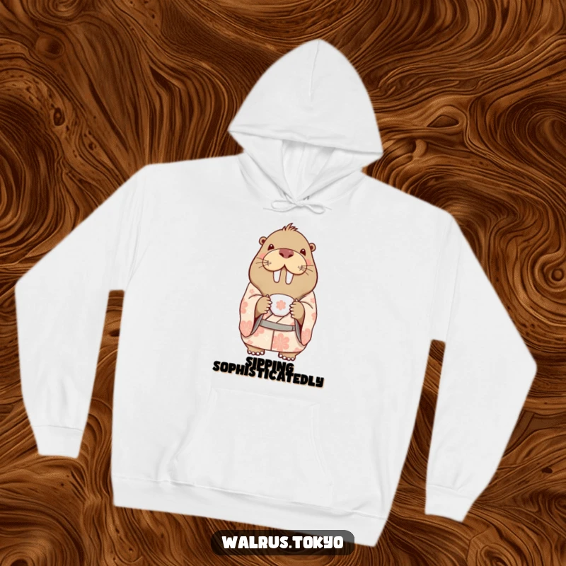 Funny hoodie showcasing a delighted walrus in a patterned kimono, holding a delicate teacup, offering cozy comfort with humorous elegance.