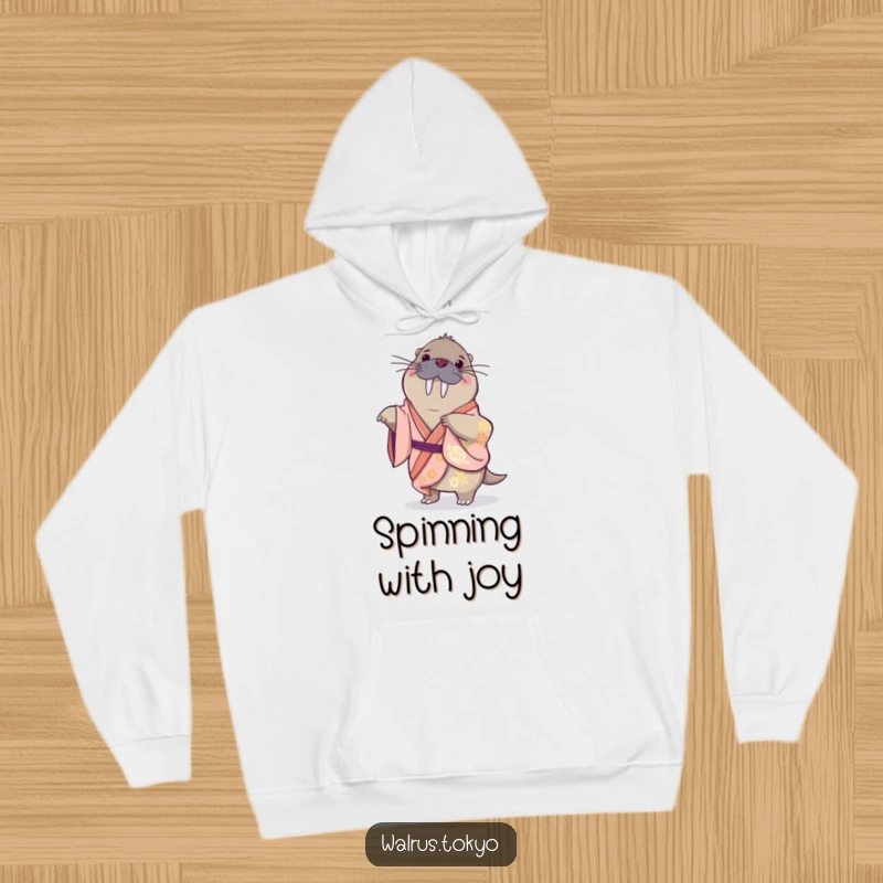 Funny hoodie showcasing a playful walrus in a silk kimono, doing a gentle spin, offering cozy warmth and humorous delight.