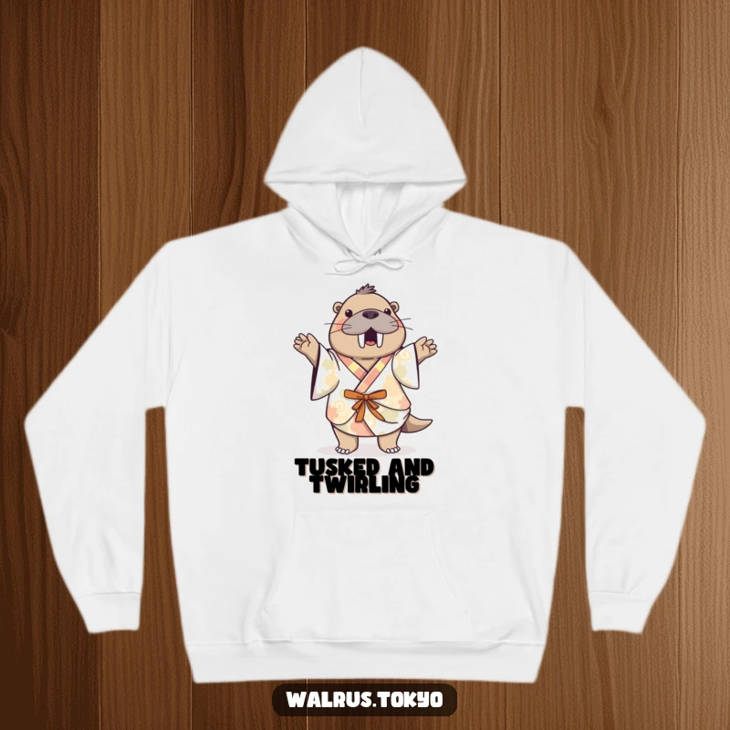 Funny patterned kimono walrus hoodie, depicting a playful walrus doing a happy dance, offering cozy warmth and humorous fun.