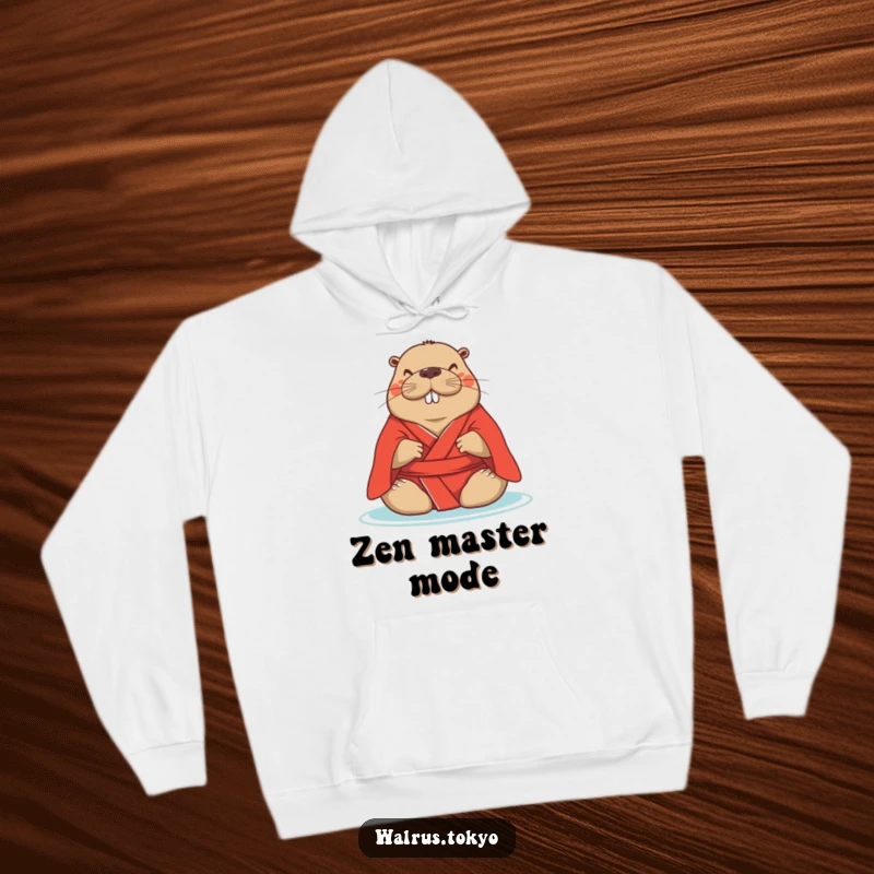 Funny red kimono walrus hoodie, depicting a serene walrus meditating peacefully, offering cozy comfort and humorous tranquility.