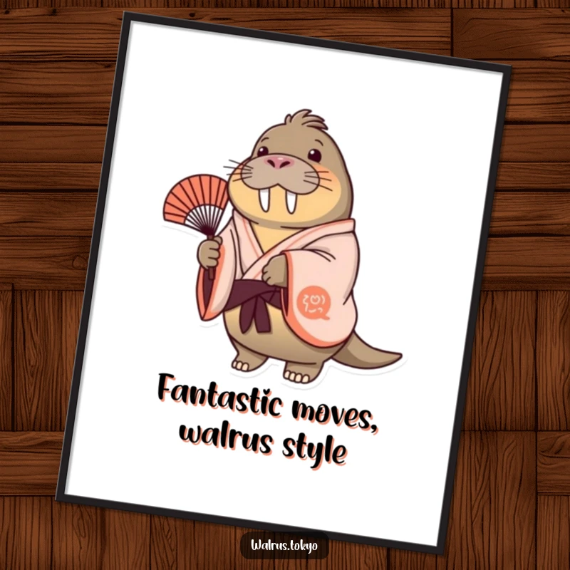 Funny Free Printable Wall Art: A cheerful walrus in a kimono gently sways a fan, creating peaceful, humorous vibes.