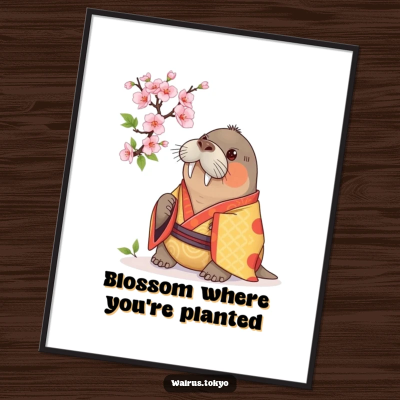 Funny Free Printable Wall Art: a curious walrus in a vibrant kimono examining a cherry blossom, a downloadable piece.