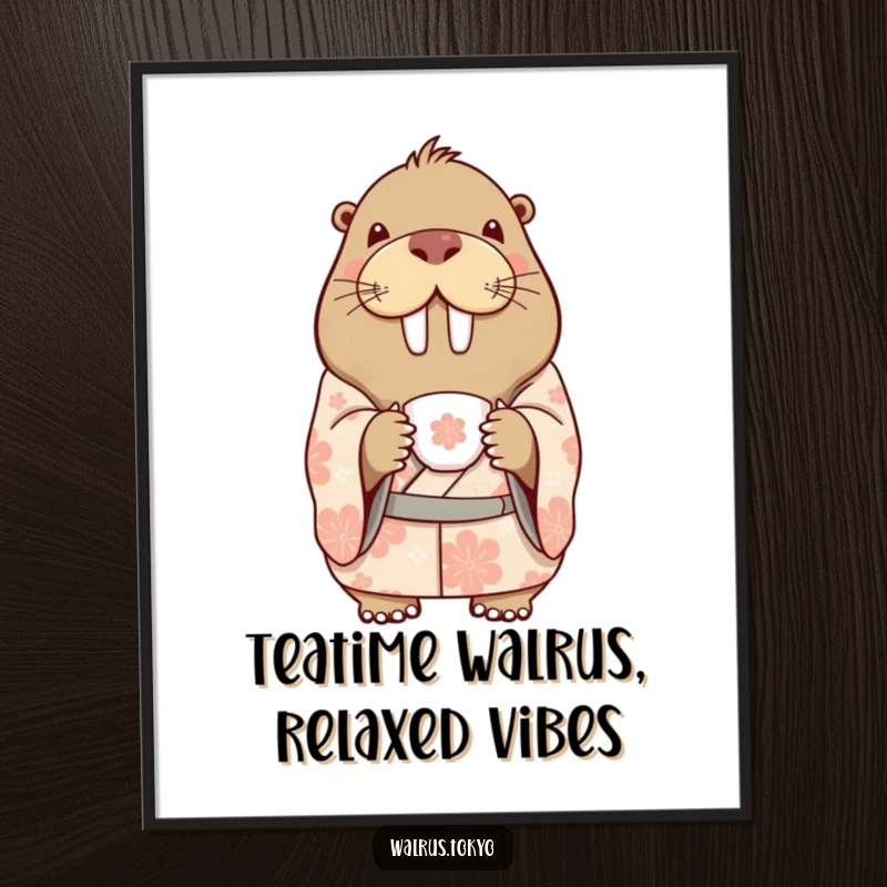 Funny Free Printable Wall Art: a delighted walrus in a patterned kimono holding a delicate teacup, a downloadable piece.