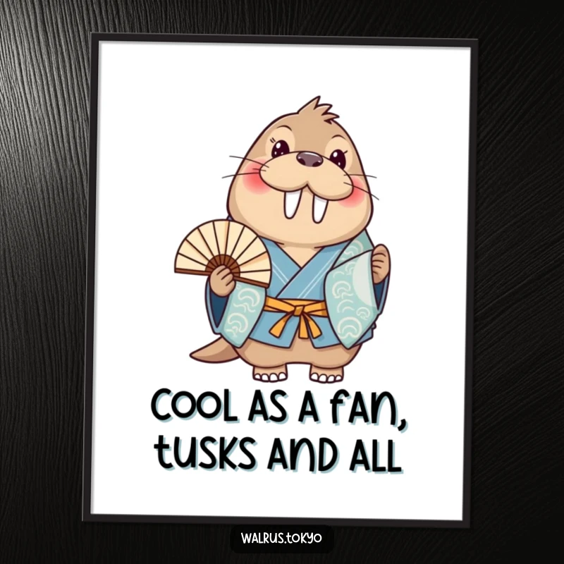 Funny Free Printable Walrus Fan Wall Art: Smiling walrus in blue kimono holding a fan, a cheerful decorative piece.
