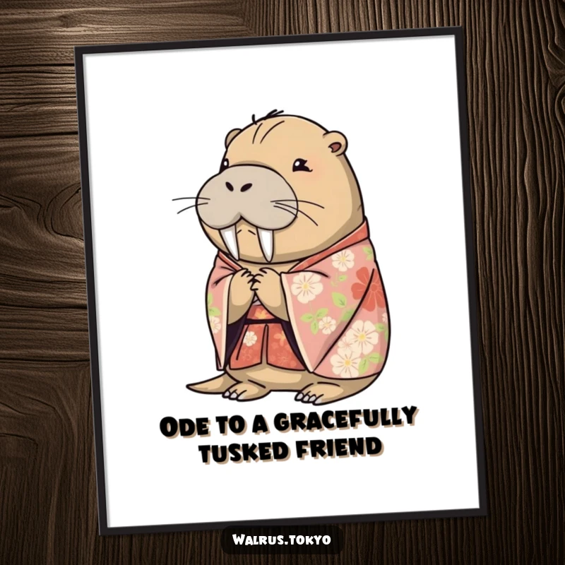 Funny Free Printable Walrus Kimono Wall Art: Graceful walrus in floral kimono bowing, a serene decorative piece.