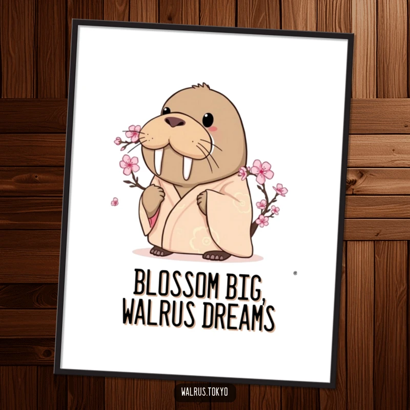 Funny Free Printable Wall Art: A curious walrus in a silken kimono intently observes a delicate, blooming cherry blossom.
