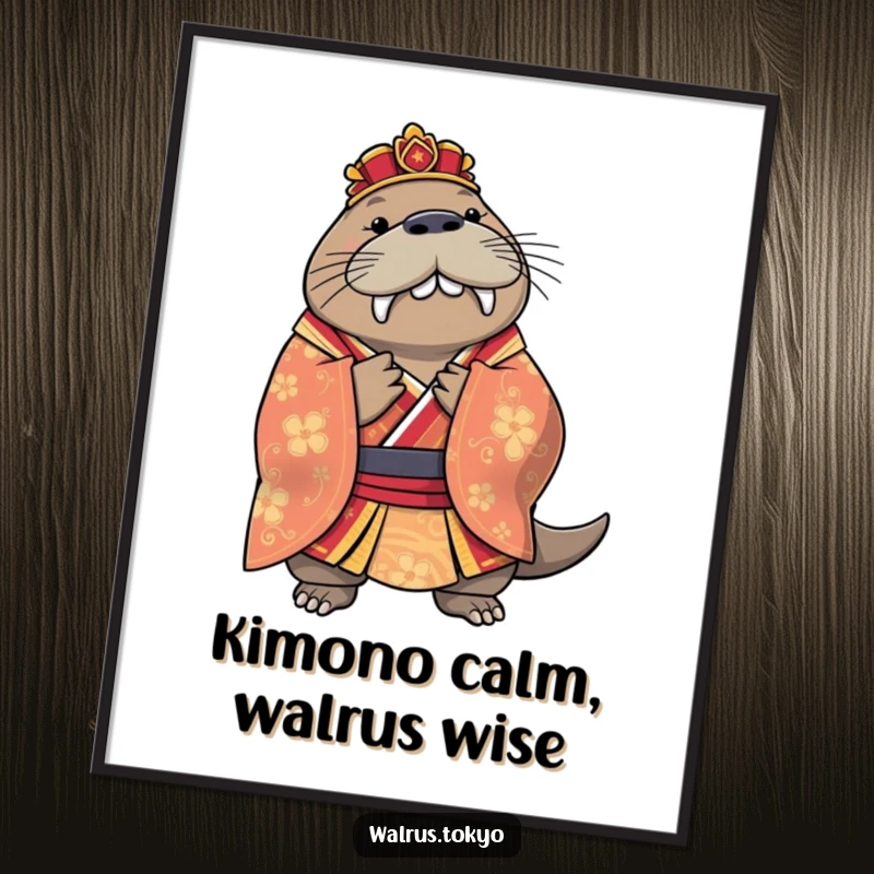 Funny Free Printable Wall Art: A regal walrus in a colorful kimono elegantly bows, bringing sophisticated humor.