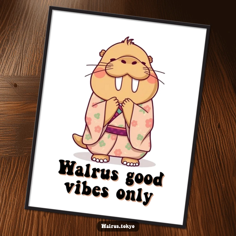 Funny Free Printable Wall Art: a happy walrus in a floral kimono performing an elegant bow, perfect for home decor.
