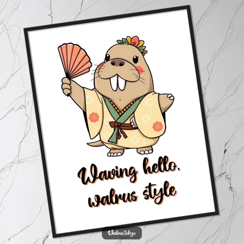 Funny Free Printable Wall Art: a cheerful walrus in a decorated kimono waving a fan gracefully, a downloadable piece.