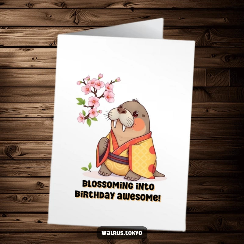 Funny Free Printable Birthday Card: a curious walrus in a vibrant kimono examining a cherry blossom, a downloadable gift.