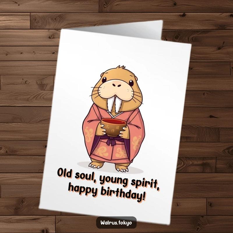 Funny free printable birthday card featuring a dignified walrus in a formal kimono holding a tea bowl, looking surprisingly jolly.