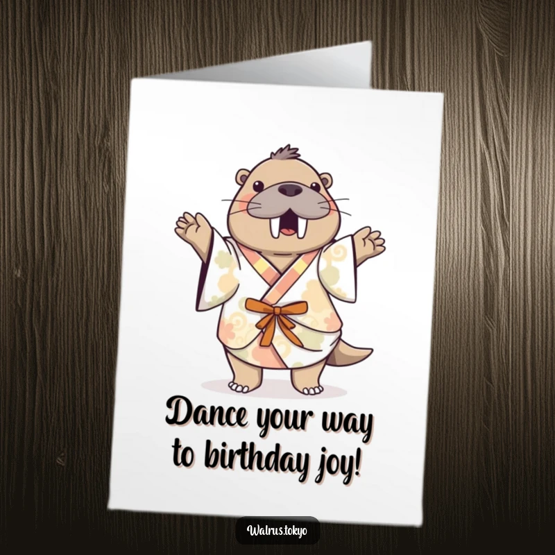 Funny Free Printable Dancing Walrus Birthday Card: Playful walrus in patterned kimono doing a happy dance for a birthday.