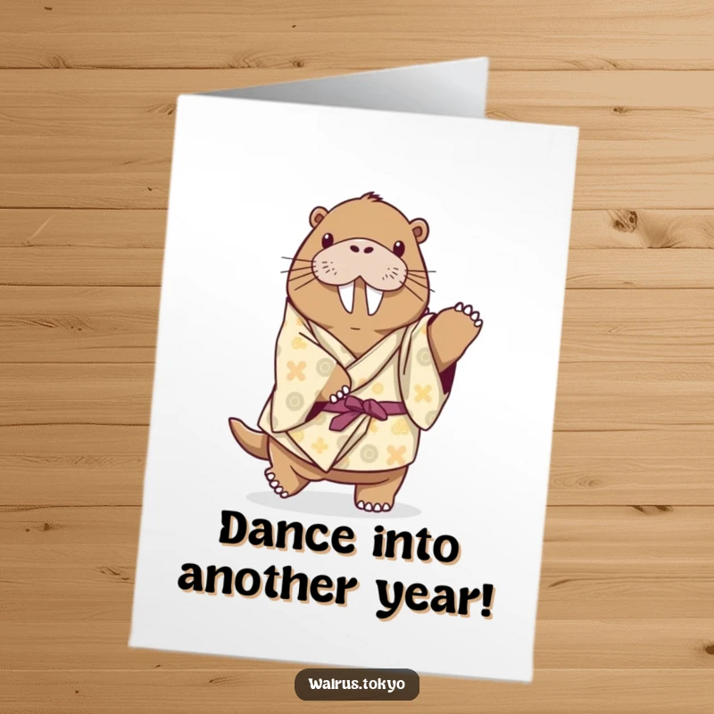 Funny Free Printable Birthday Card: A playful walrus in a patterned kimono attempts a funny, delicate dance step.