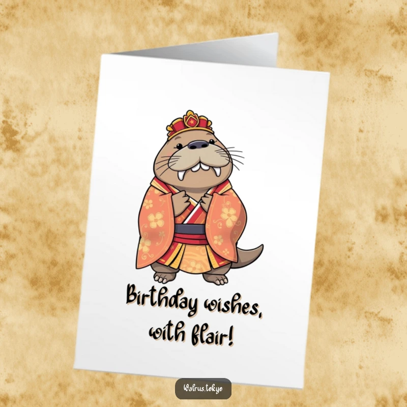 Funny Free Printable Birthday Card: A regal walrus in a colorful kimono performs an impeccably graceful, funny bow.