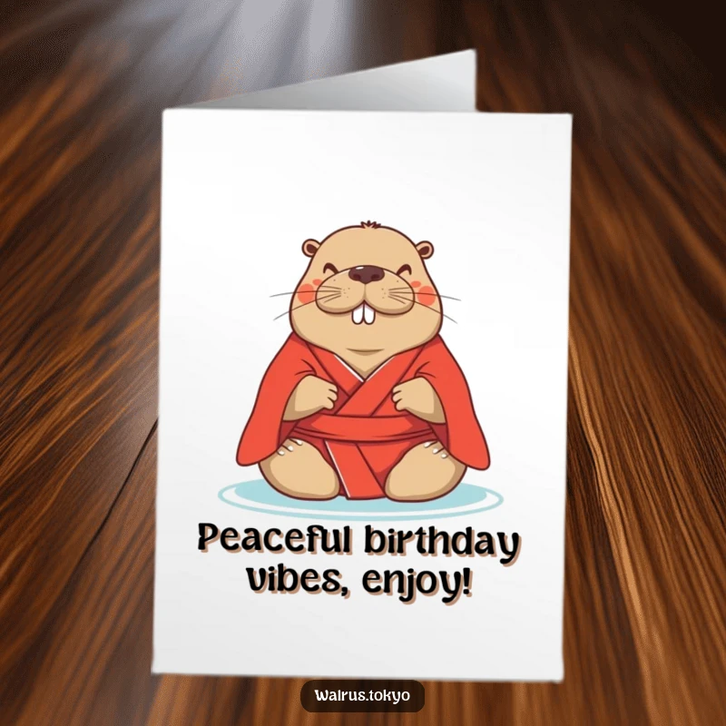 Funny Free Printable Zen Walrus Birthday Card: Serene walrus in red kimono meditating peacefully for a birthday.
