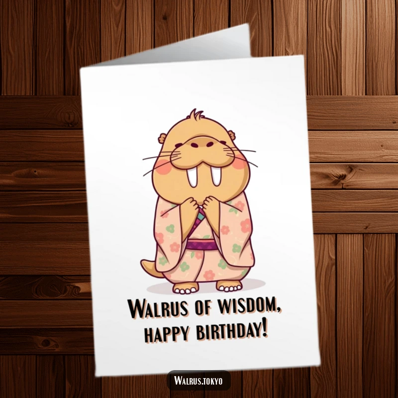 Funny Free Printable Birthday Card of a happy walrus in a floral kimono bowing politely, perfect for a DIY gift.