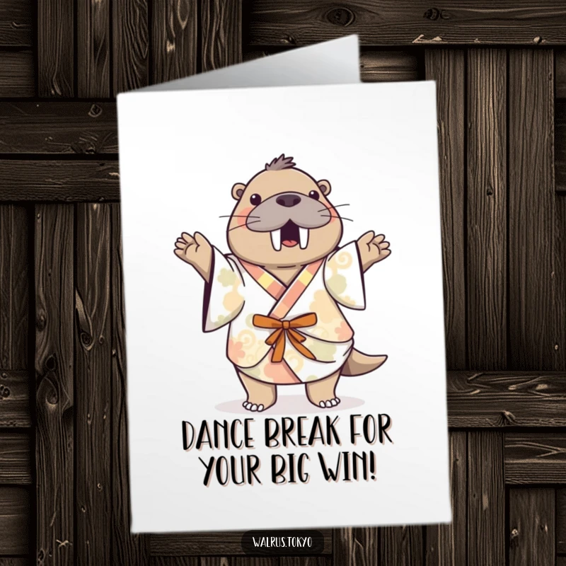 Funny Free Printable Dancing Walrus Congrats Card: Playful walrus in patterned kimono doing a happy dance for congratulations.