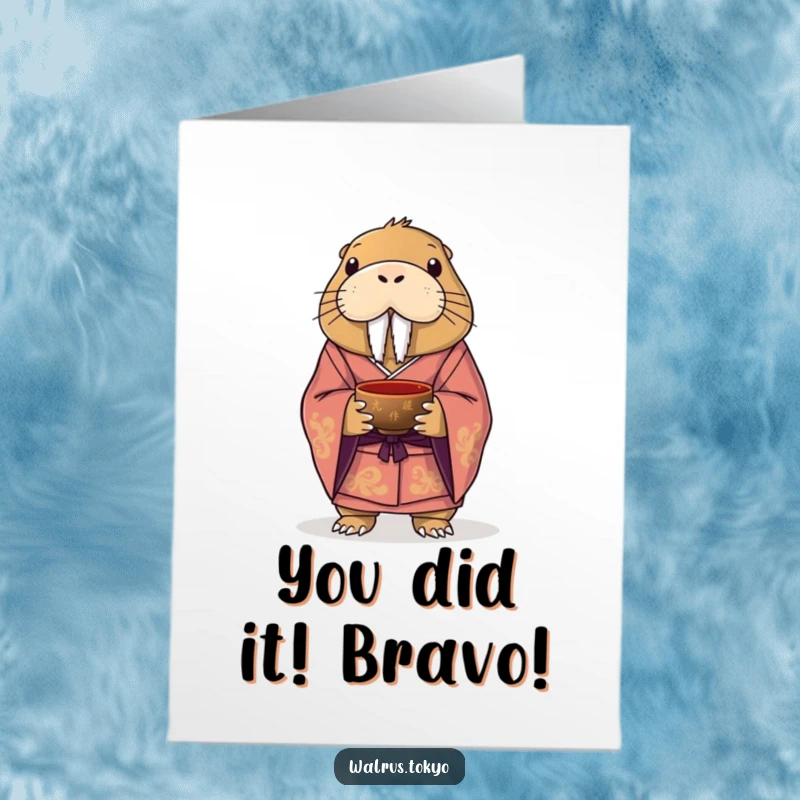 Free printable congratulations card showing a dignified walrus in a kimono, offering tea with a subtle, humorous expression.