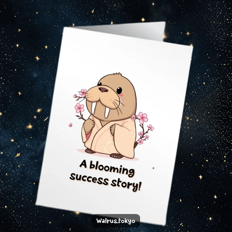 Funny Free Printable Congratulations Card: A curious walrus watches a cherry blossom bloom, symbolizing success.