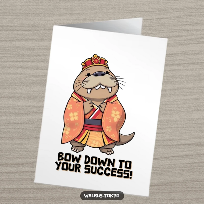 Funny Free Printable Congratulations Card: A regal walrus in an elaborate kimono offers a deep, congratulatory bow.