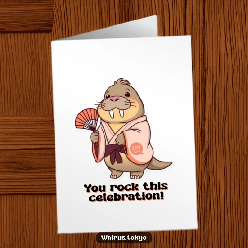 Funny Free Printable Congratulations Card: A cheerful walrus fans a decorative fan, celebrating success with elegance.
