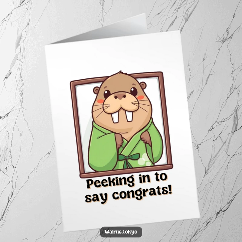 Funny Free Printable Peek-a-Boo Walrus Congrats Card: Curious walrus in green kimono peeking from behind a screen, celebrating success.