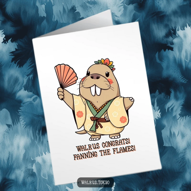 Funny Free Printable Congratulations Card: a cheerful walrus in a decorated kimono waving a fan, a downloadable gift.