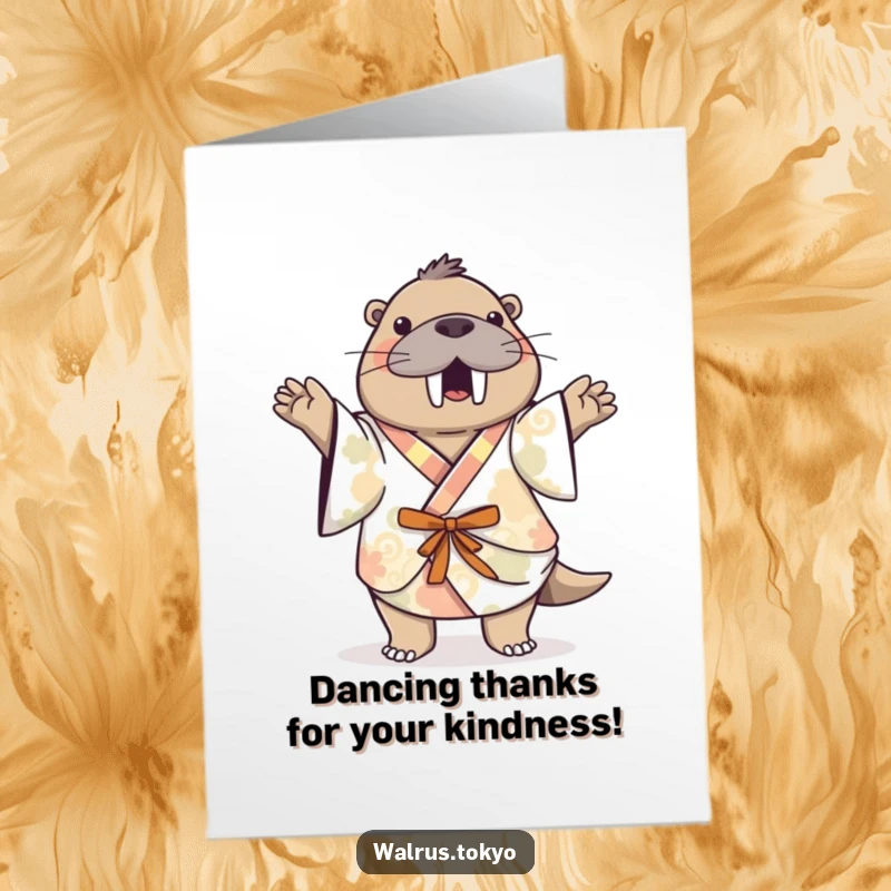 Funny Free Printable Dancing Walrus Thank You Card: Playful walrus in patterned kimono doing a happy dance, thanking someone.
