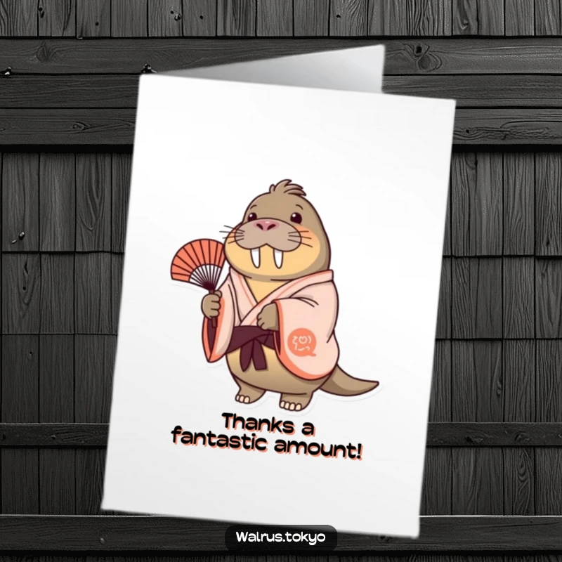 Funny Free Printable Thank You Card: A cheerful walrus gently fans a decorative fan, expressing thanks with a smile.