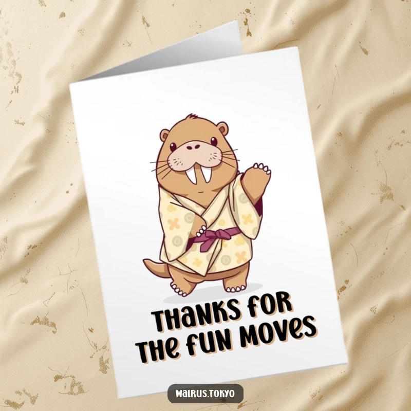 Funny Free Printable Thank You Card: A playful walrus in a kimono attempts a graceful, funny dance step for thanks.
