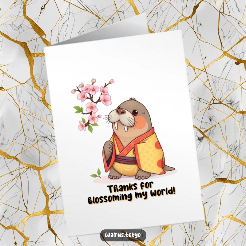 Funny Free Printable Thank You Card: a curious walrus in a vibrant kimono examining a cherry blossom, a downloadable gift.