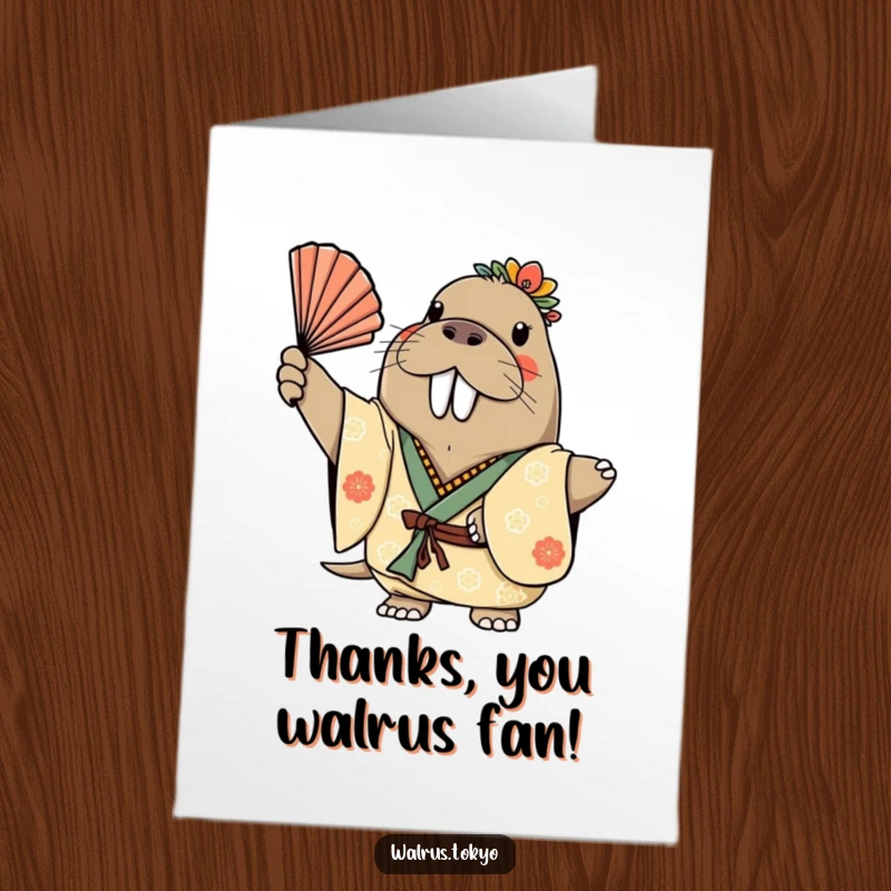Funny Free Printable Thank You Card: a cheerful walrus in a decorated kimono waving a fan gracefully, a downloadable gift.