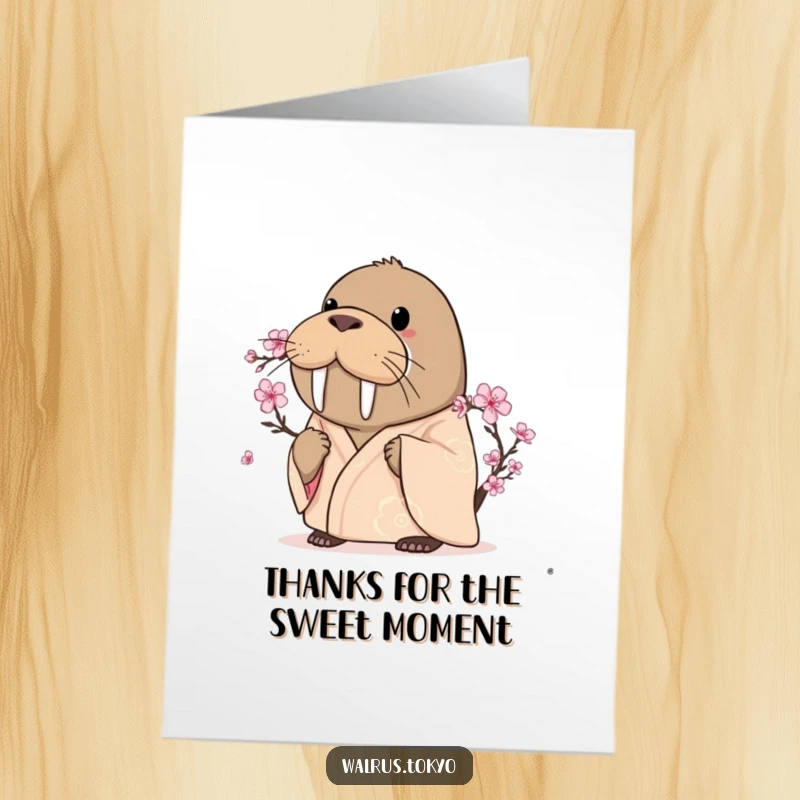 Funny Free Printable Thank You Card: A curious walrus in a kimono looks intently at a blooming cherry blossom, offering thanks.