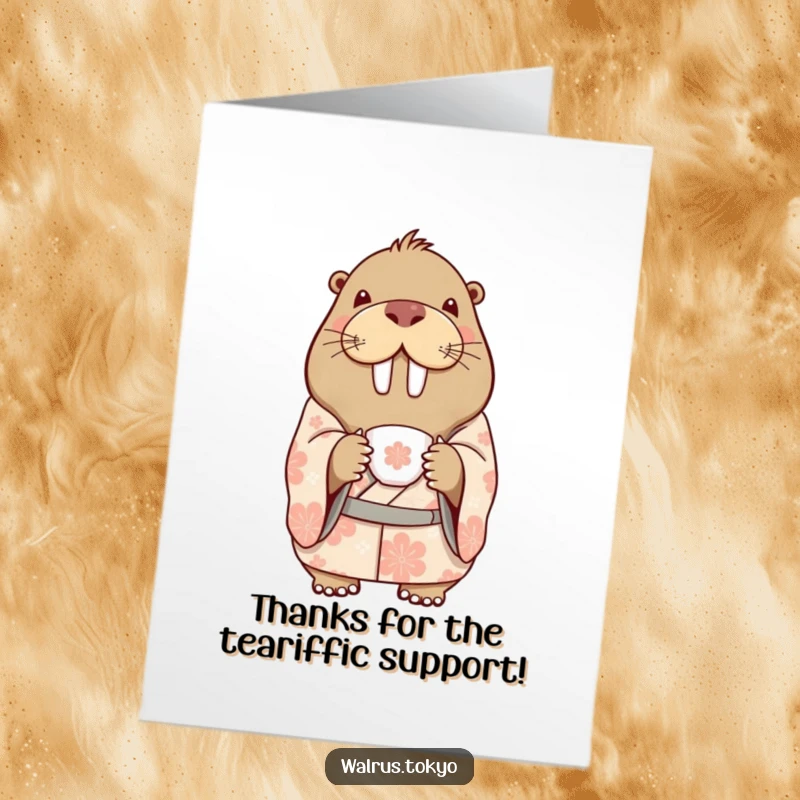 Funny Free Printable Thank You Card: a delighted walrus in a patterned kimono holding a delicate teacup, a downloadable gift.