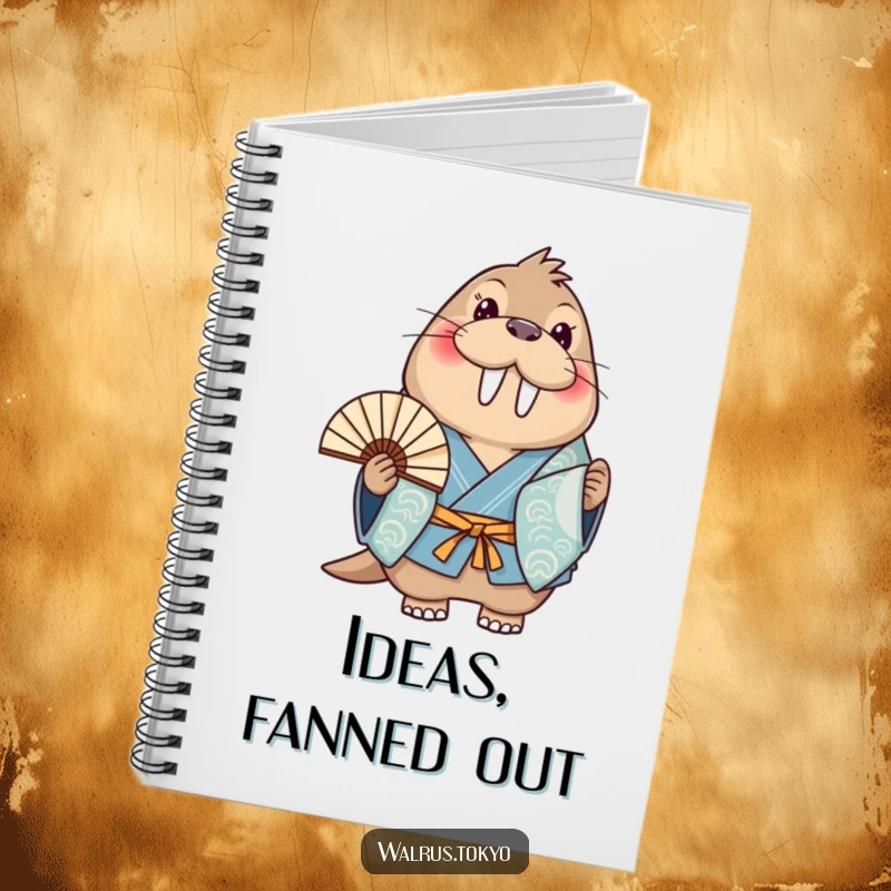 Funny blue kimono walrus notebook, depicting a smiling walrus with a fan, perfect for jotting down cheerful and humorous notes.