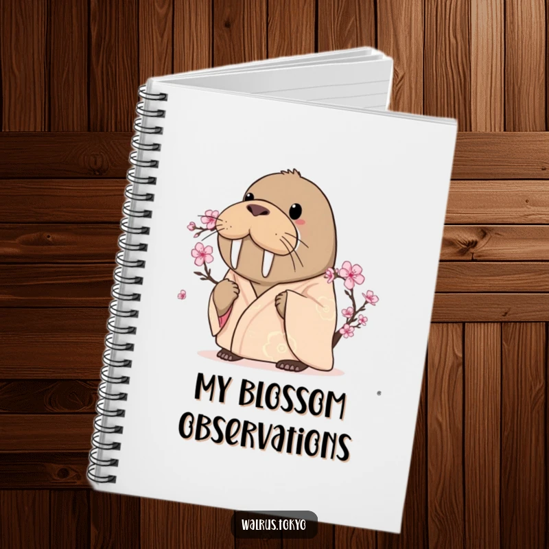 Funny curious walrus notebook in a silken kimono, intently gazing at a cherry blossom, perfect for note-taking with gentle humor.