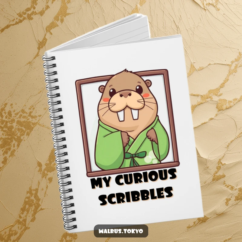 Funny green kimono walrus notebook, depicting a curious walrus peeking, perfect for jotting down playful and humorous ideas.