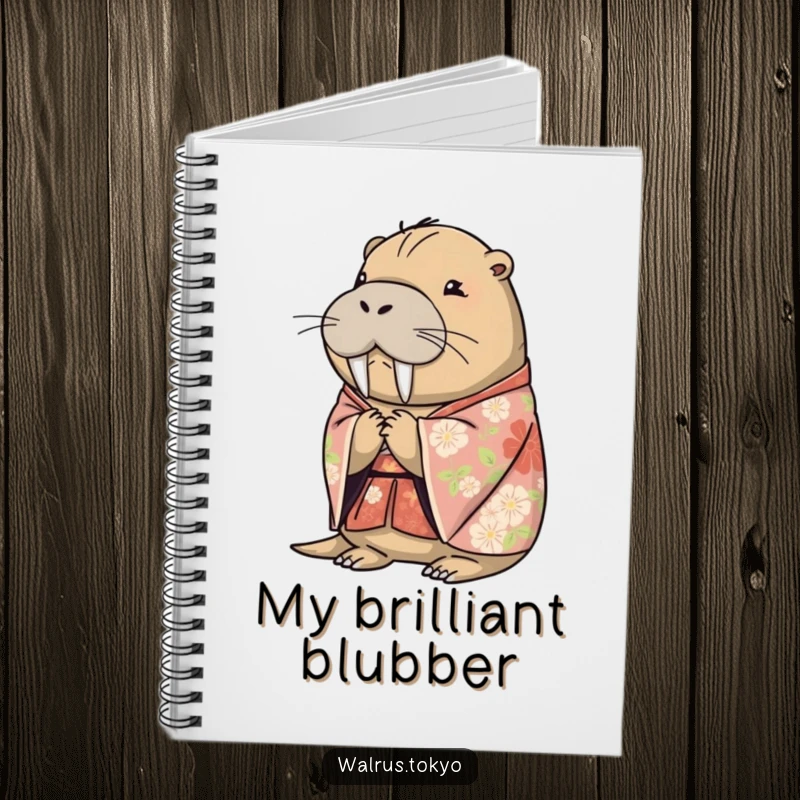Funny floral kimono walrus notebook, featuring a serene walrus bowing elegantly, perfect for jotting down humorous thoughts and ideas.