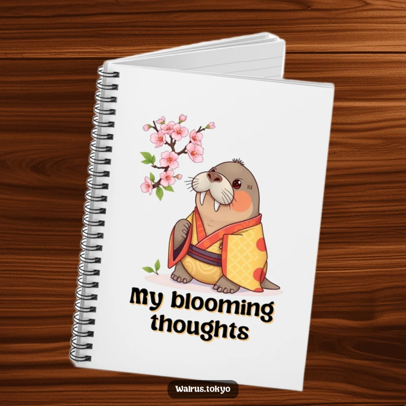Funny notebook with a curious walrus in a vibrant kimono, examining a cherry blossom, perfect for capturing ideas with humorous curiosity.