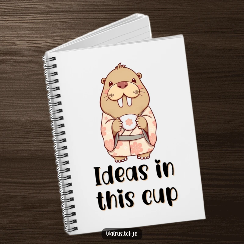 Funny notebook with a delighted walrus in a patterned kimono, holding a delicate teacup, perfect for capturing thoughts with humorous elegance.