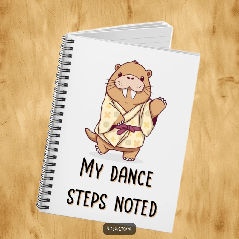 Funny playful walrus notebook in a patterned kimono, attempting a dance step, perfect for note-taking with whimsical humor.